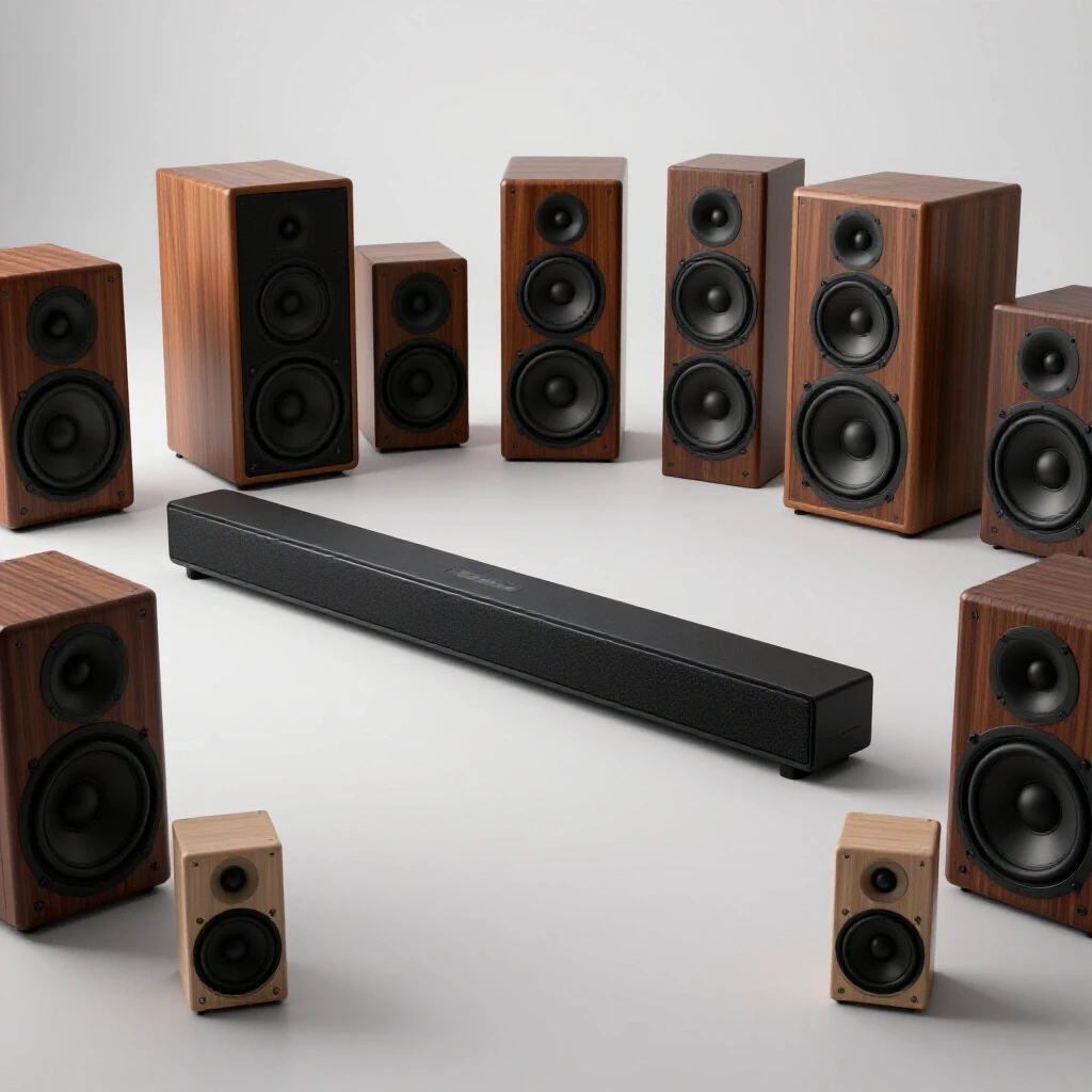 A modern soundbar contrasted with traditional speakers in a bright living room setting, showcasing audio decor choices.