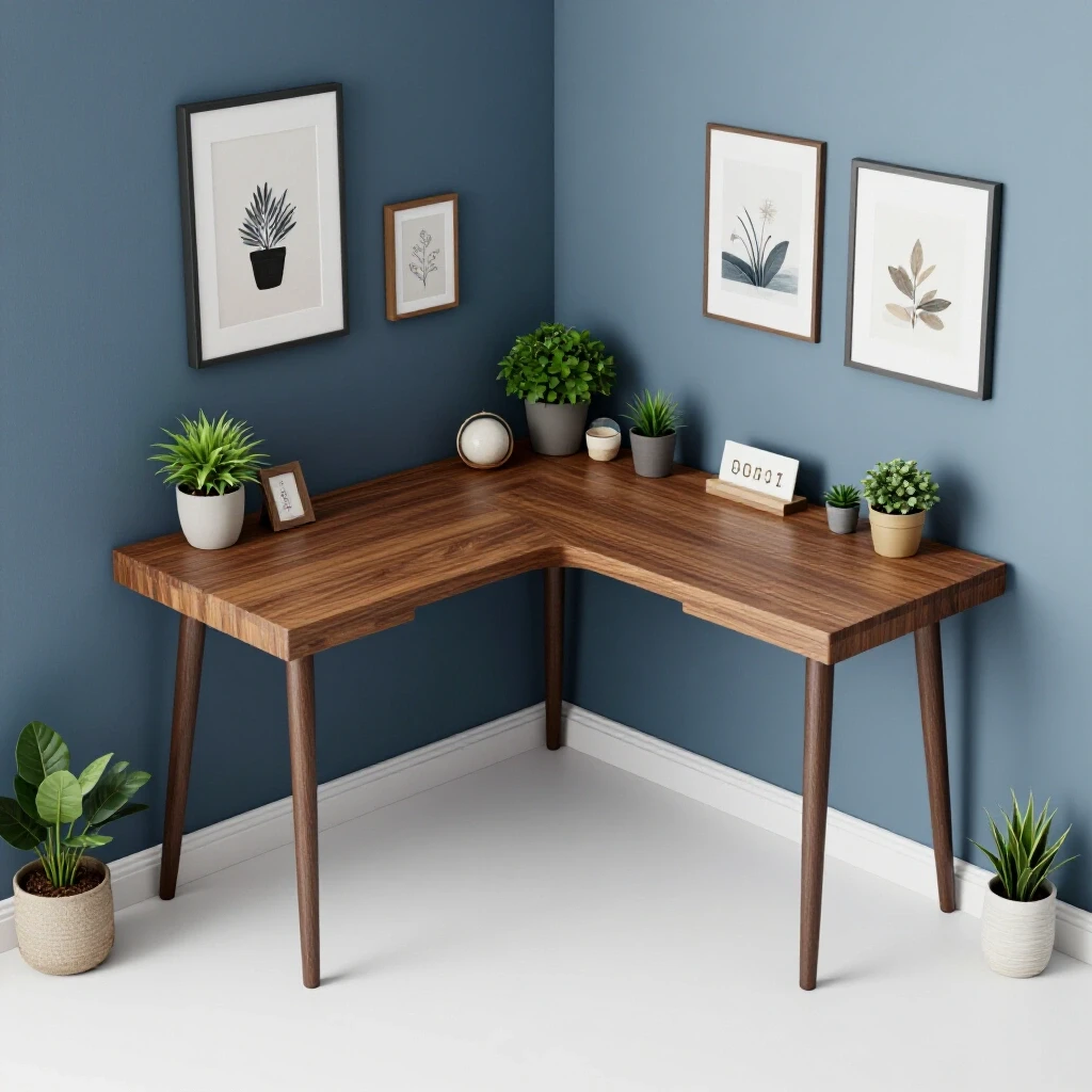 A modern corner desk in a bright home office with plants and art decor, showcasing space efficiency.