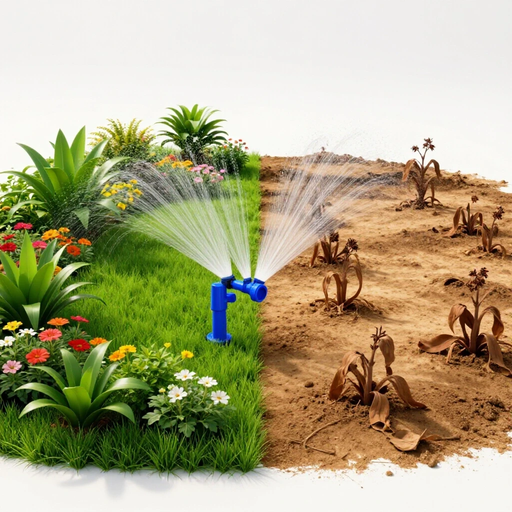 A split landscape showing a vibrant garden with a sprinkler system on one side and a wilted, dry area on the other, illustrating cost impacts.