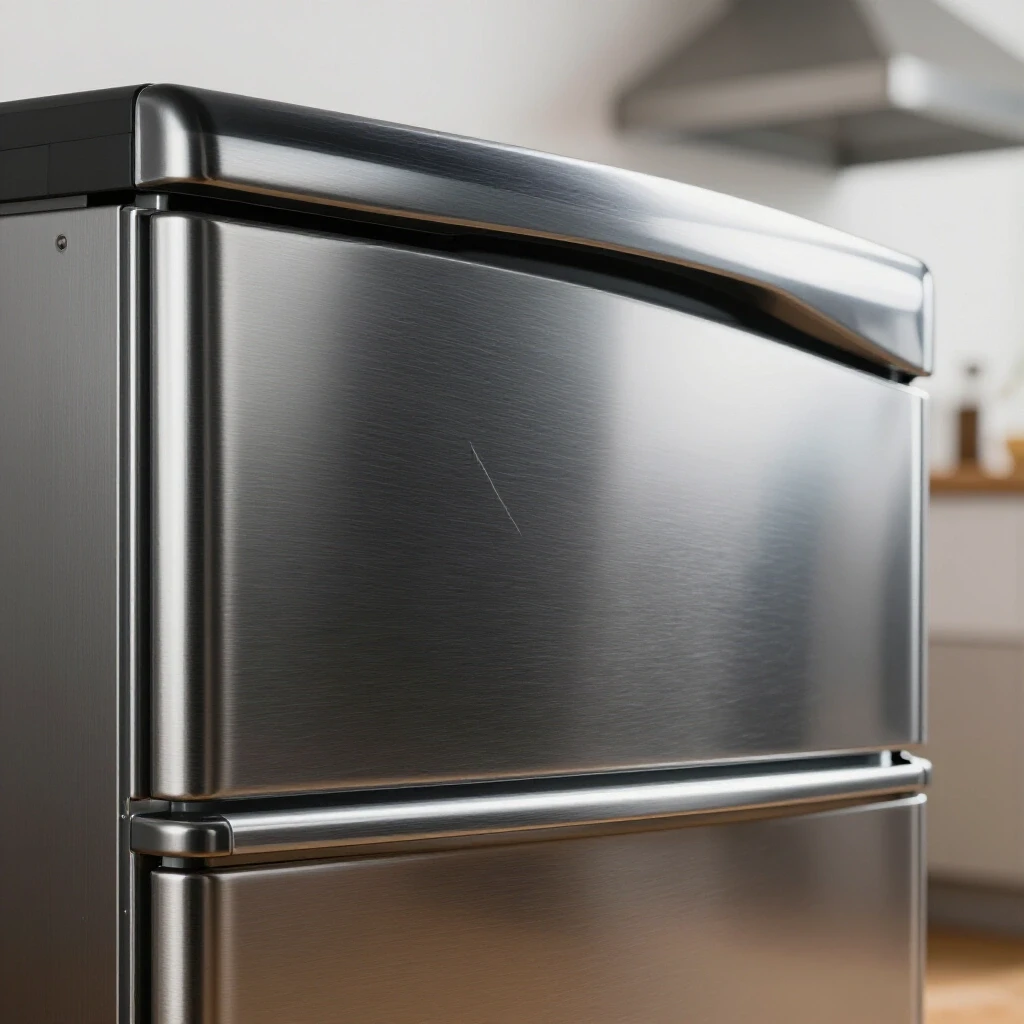 Close-up of a shiny stainless steel kitchen appliance revealing a scratch, set against a styled kitchen background.