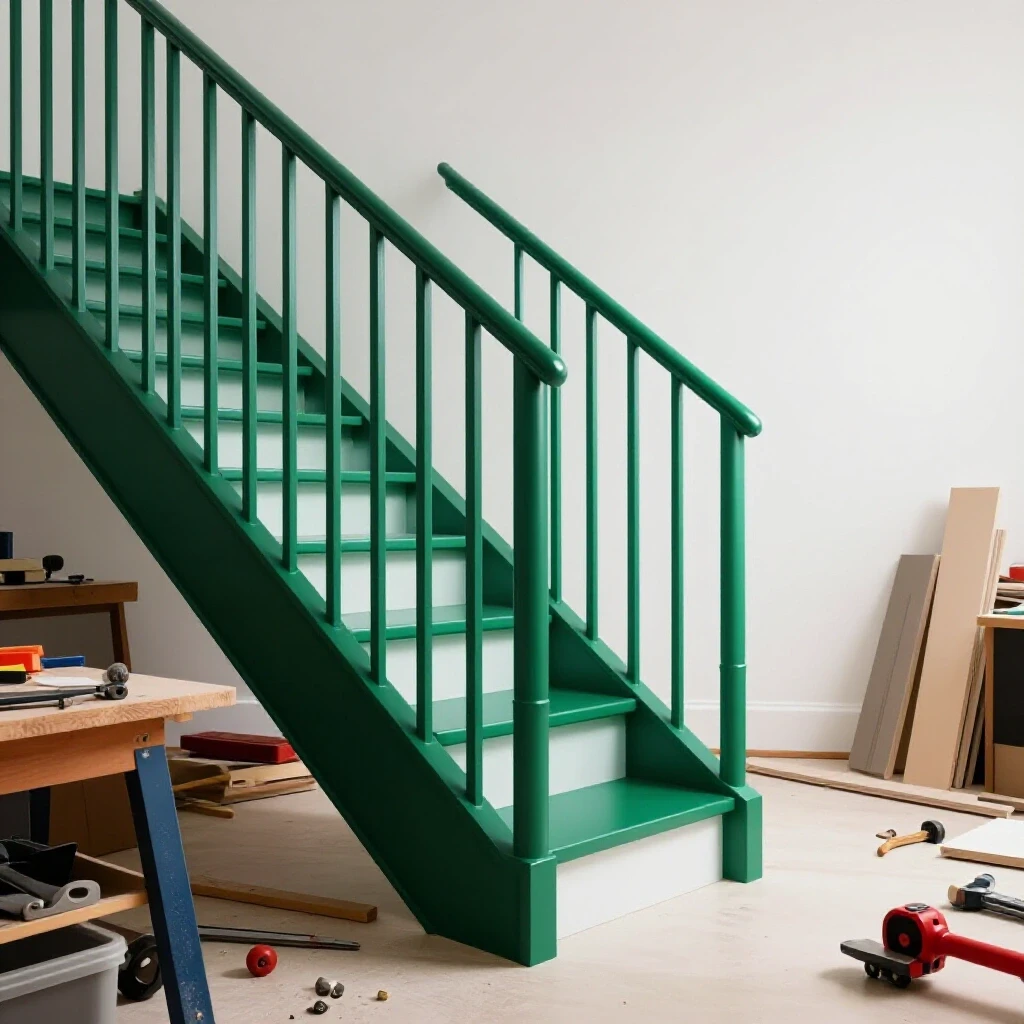 A visually striking split image showing a modern stair railing on one side and a cluttered DIY workspace on the other side, emphasizing transformation.