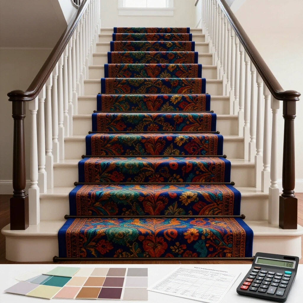 A beautifully designed staircase with a vibrant runner against neutral-toned stairs, surrounded by design materials and a calculator.