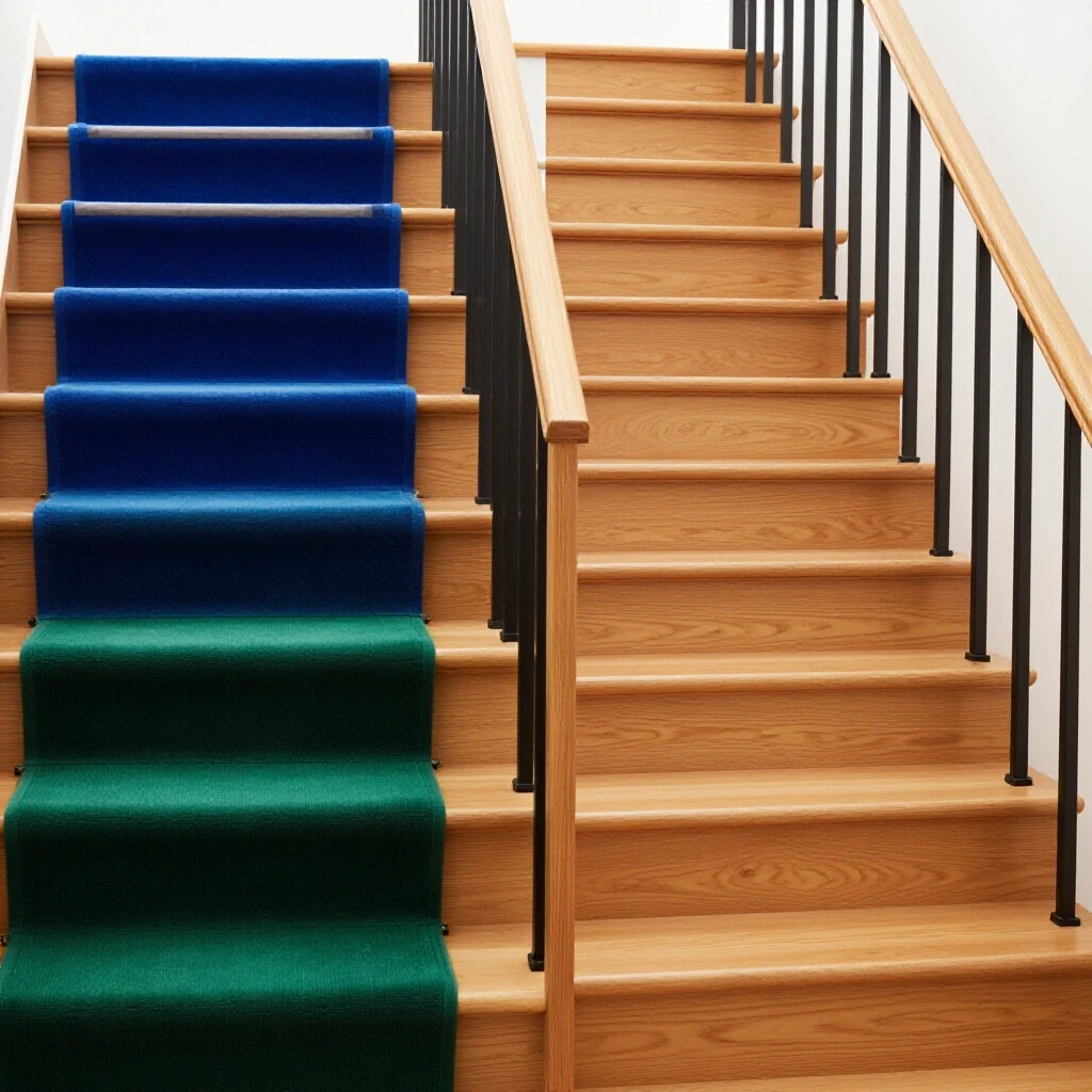 A visually striking comparison of a vibrant stair runner and a polished bare wood staircase, highlighting safety aspects.