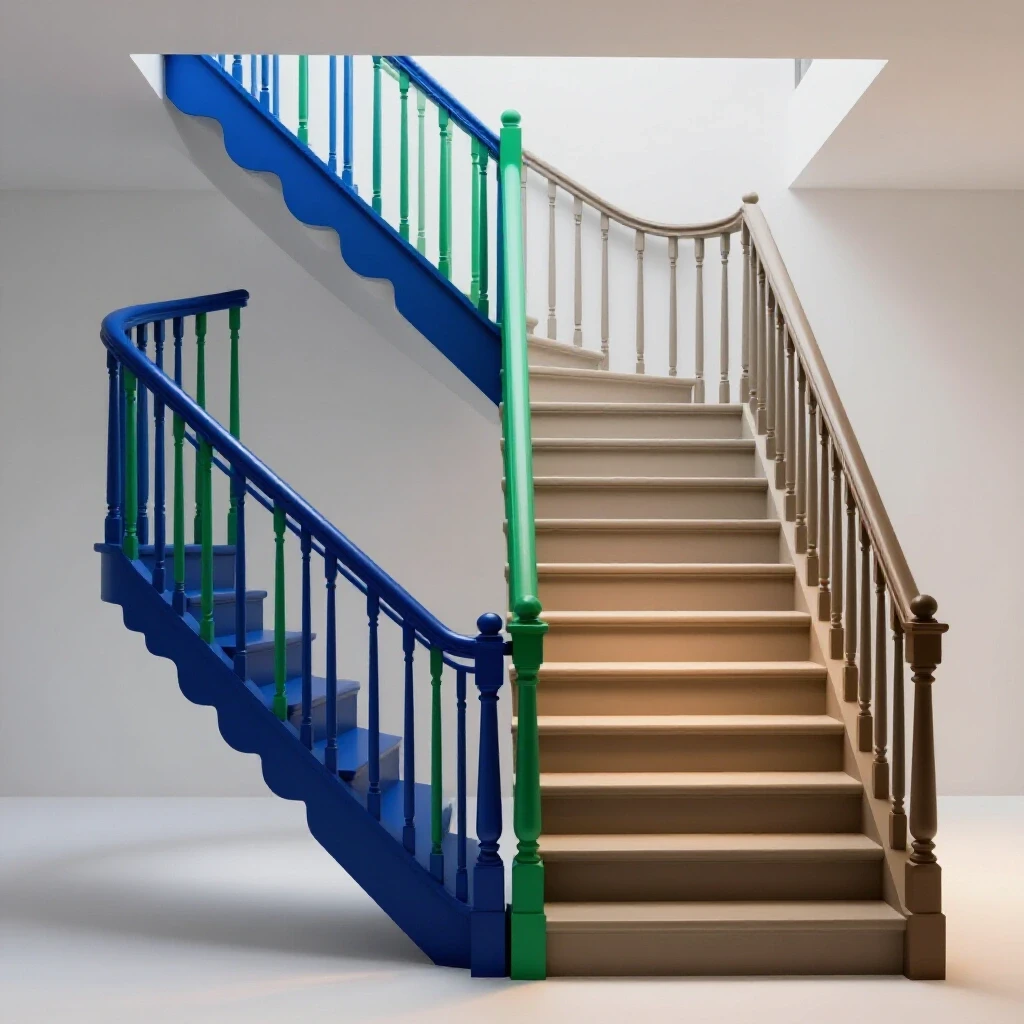 A modern and traditional staircase design split down the middle, highlighting safety vs style in home decor.