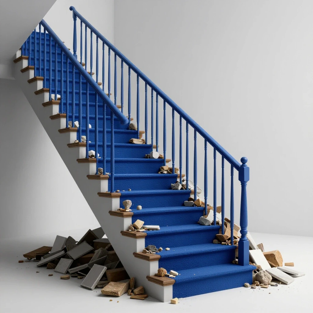 A visually striking staircase showcasing a stark contrast between a beautifully renovated side and a chaotic, poorly executed side, highlighting renovation mistakes.