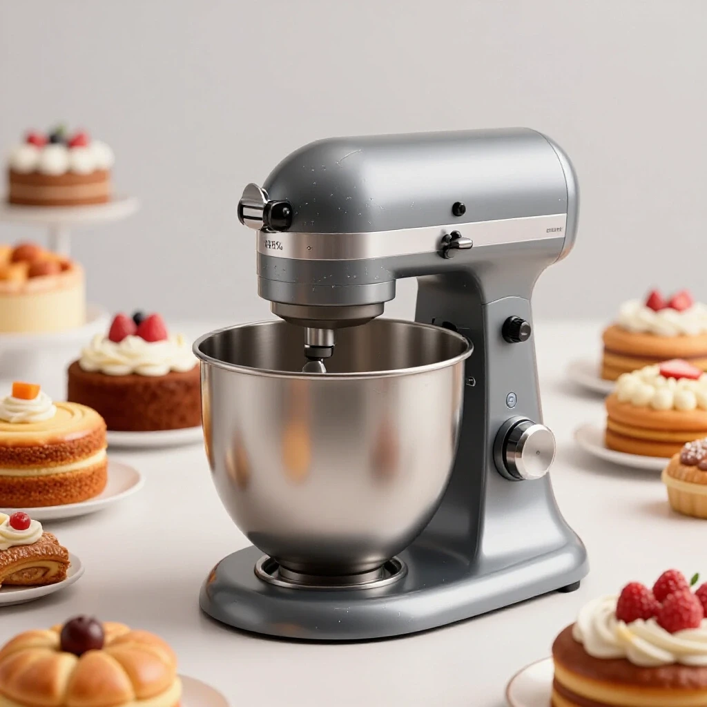 A vibrant display of colorful cakes and pastries with a sturdy stand mixer in a well-lit kitchen setting.