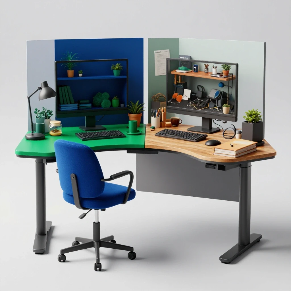 A visually striking standing desk split-screen image showcasing a productive warm-toned workspace versus a cluttered cool-toned one.