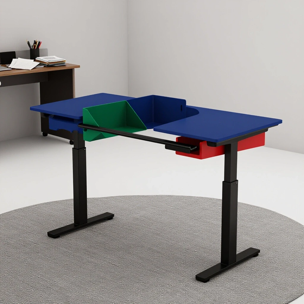 A modern standing desk with colorful storage solutions in a bright studio, contrasting with a messy old desk nearby.