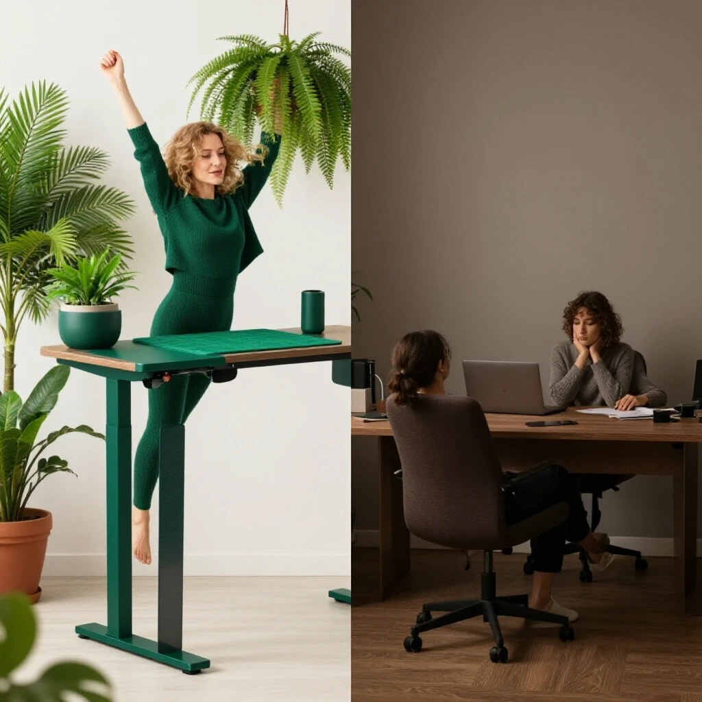 Split image comparing ergonomic standing desk with plants to a cluttered sitting desk highlighting back pain.