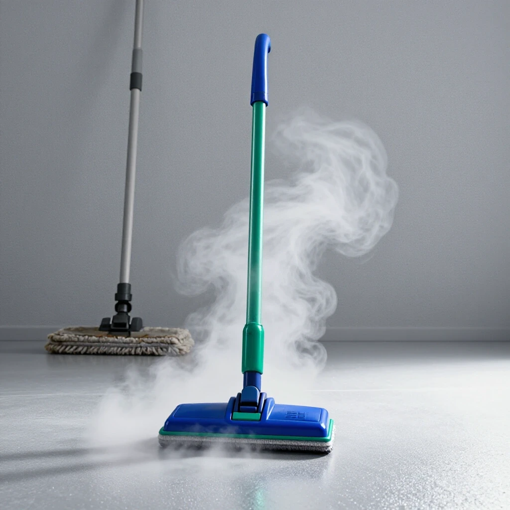 Steam mop in action releasing steam over a clean floor, with a worn-out mop in the background for contrast.