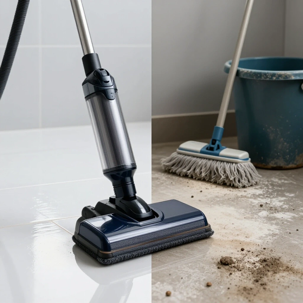 A split image showing a modern steam mop with sparkling tiles versus a traditional mop with a messy floor.