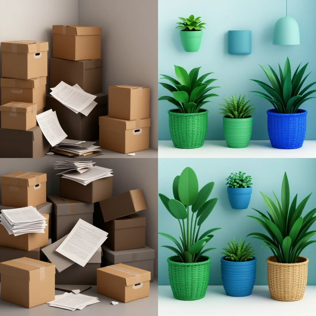 A visually striking contrast between a cluttered corner filled with disarray and a serene, organized space highlighting the decluttering process.