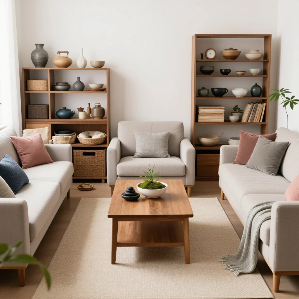 A serene living space showing organized vs cluttered areas, embodying tranquility and organization.