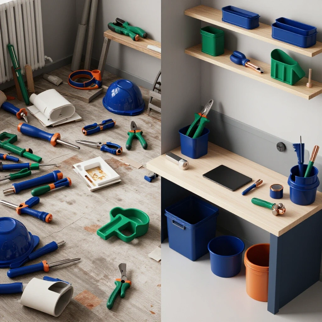 A split image showing a cluttered home repair area on one side and a beautifully organized space on the other, highlighting DIY home improvements.