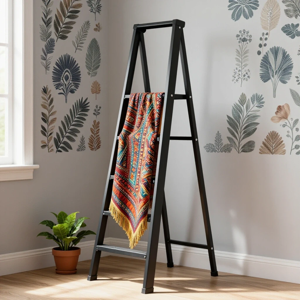A cozy home setting with a colorful step ladder against a decorated wall, light filtering through a window, and a small plant below.