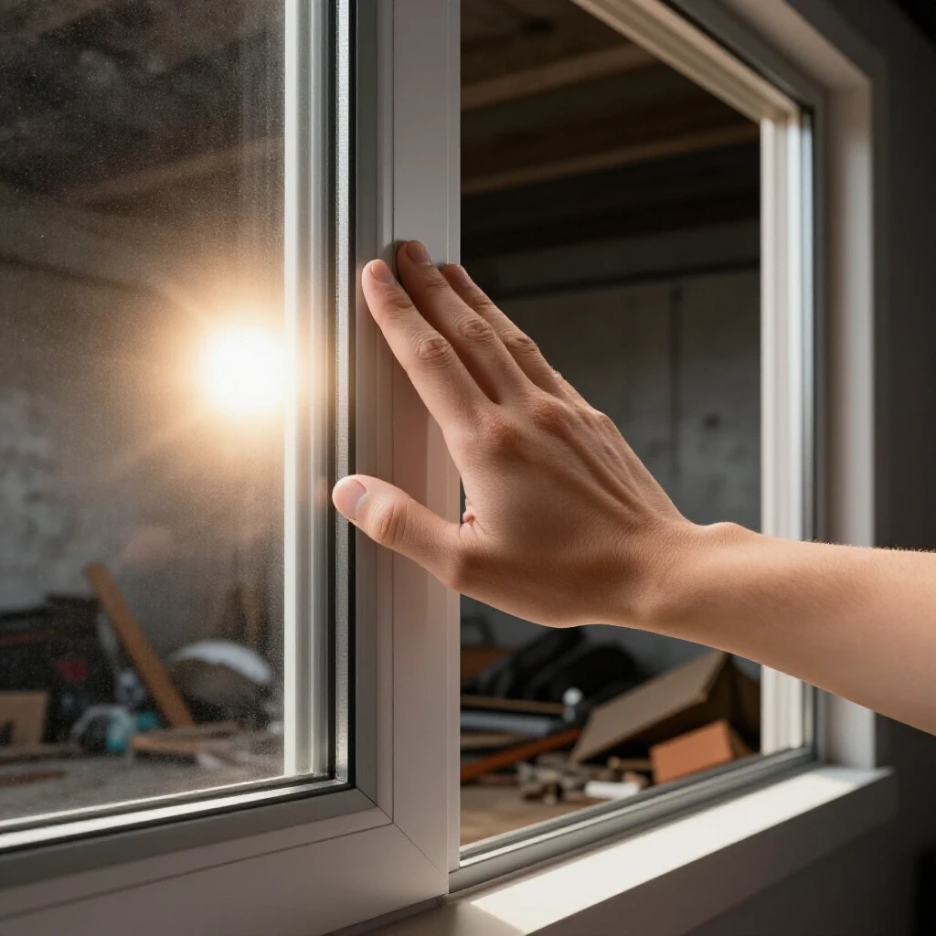 Close-up of a hand opening a window against a dark, cluttered basement background with sunlight streaming in.