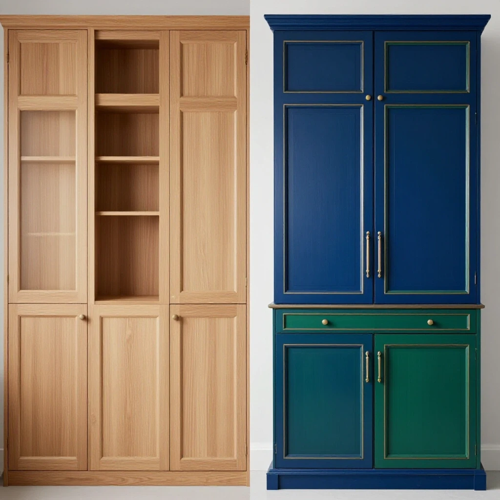A split image featuring stock cabinets on one side and custom cabinets on the other, highlighting the differences in design and personalization.