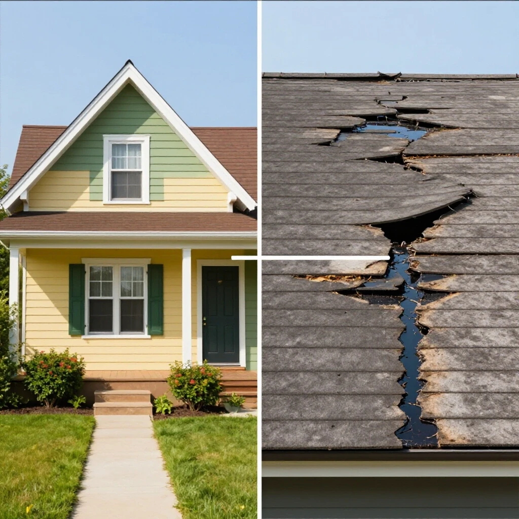 Split-screen image showing a beautifully restored home contrasting with a dilapidated roof indicating leaks, emphasizing roof maintenance urgency.