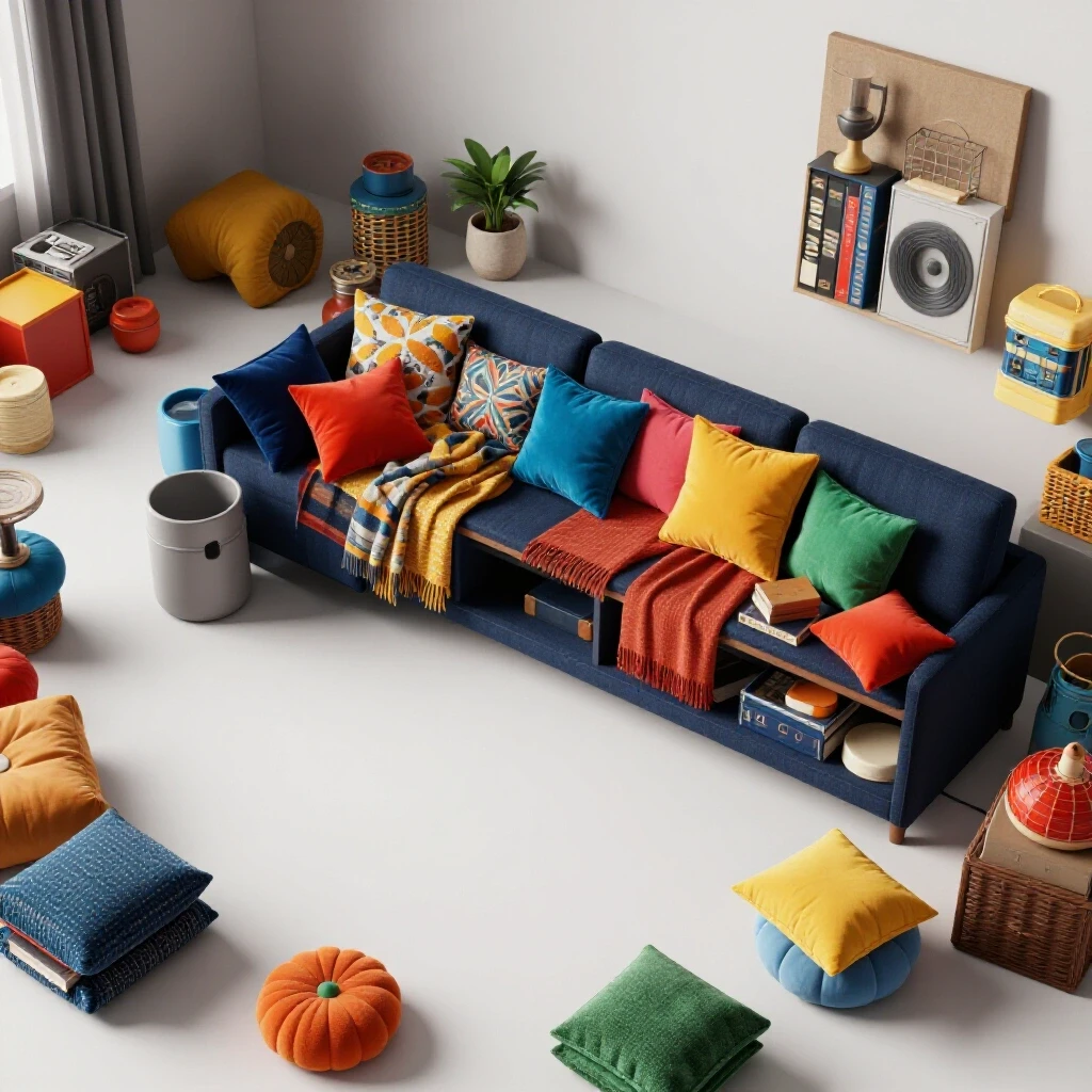 A vibrant living space showcasing a central storage bench filled with colorful items, contrasting with a messy corner.