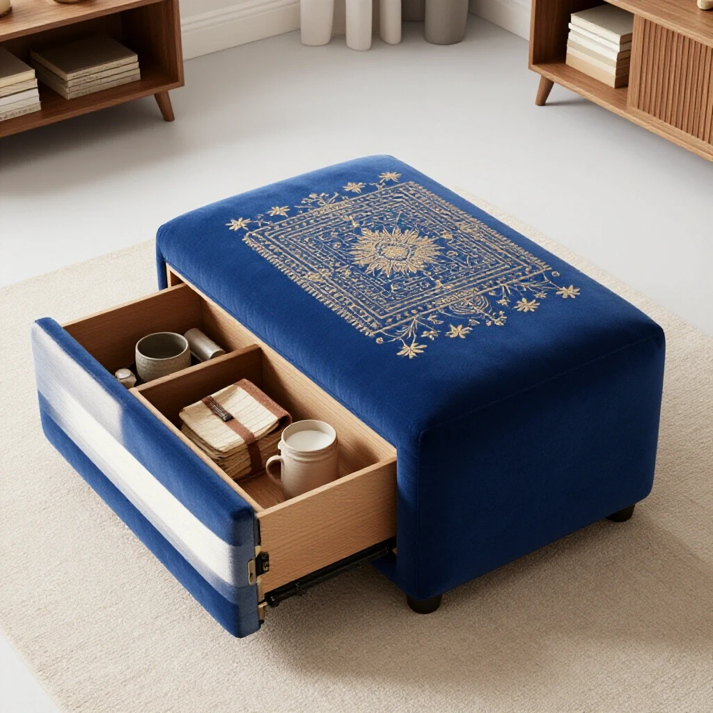 A royal blue storage ottoman in a cozy living room, one half open showing organized items inside.
