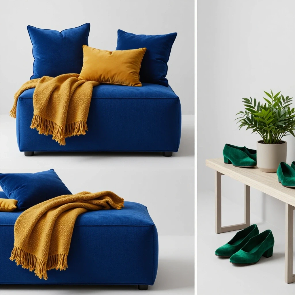 A stylish storage ottoman overflowing with vibrant cushions alongside a minimalist bench with decor in an entryway setup.