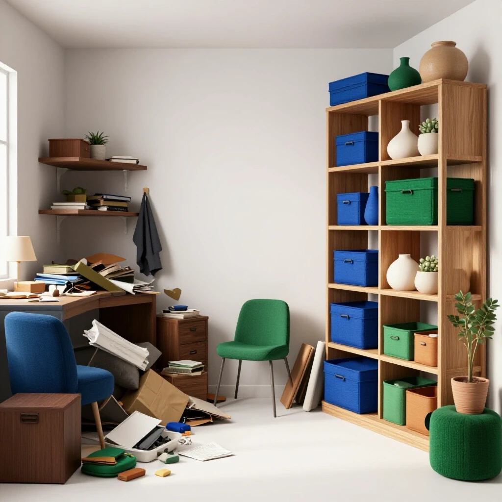 A split image showing a chaotic cluttered room on the left and a beautifully organized space on the right, illustrating the importance of effective storage planning.
