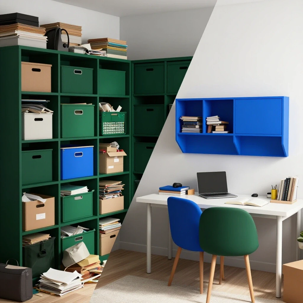 A visual comparison of a cluttered room versus a beautifully organized space, showcasing effective storage solutions.