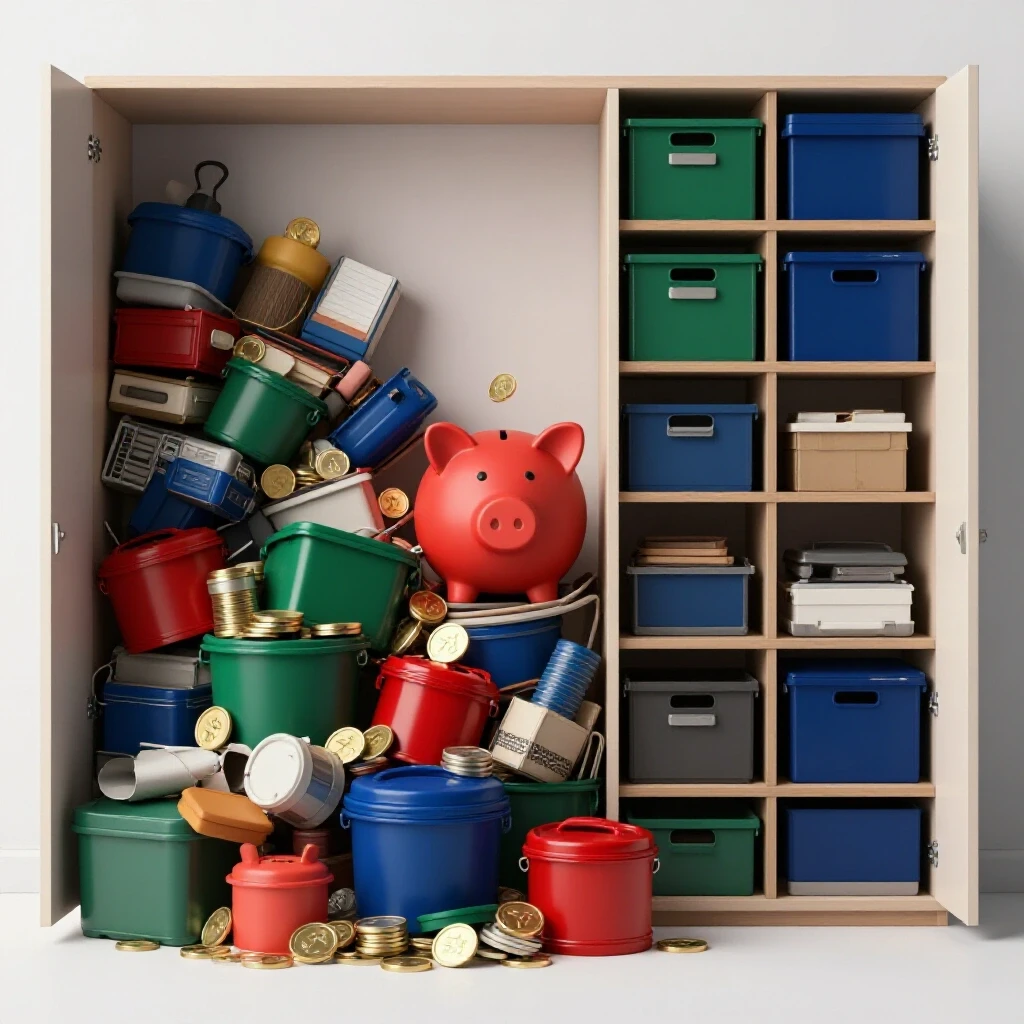 A contrasting 3D scene showing a cluttered space on one side and an organized storage unit on the other, symbolizing budget-friendly organization.