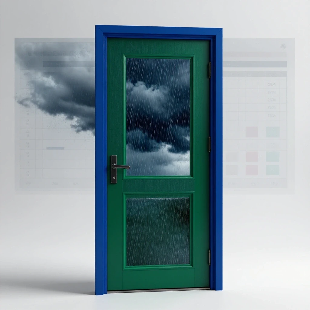 A vividly colored storm door set against a stormy weather scene, symbolizing protection and budgeting insights.