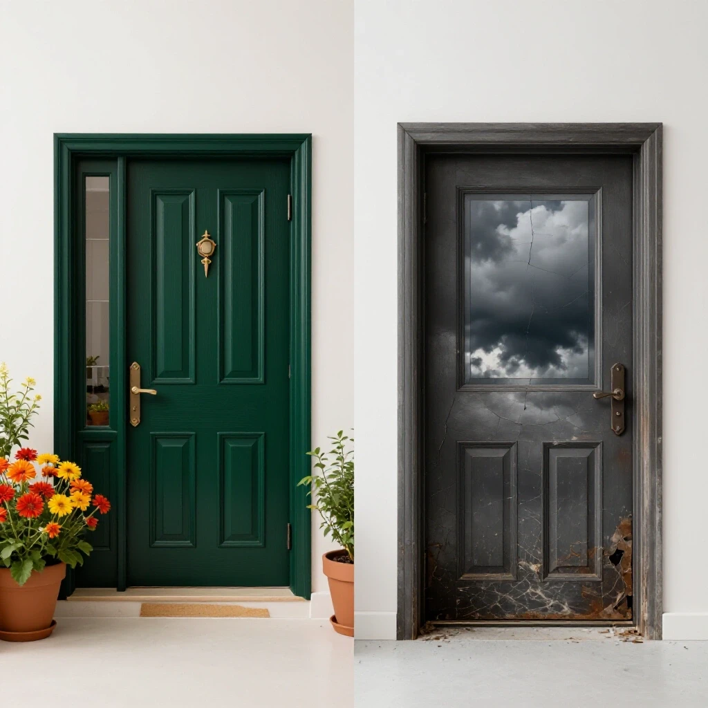 Split scene showing a vibrant storm door with flowers versus a cracked door amidst stormy clouds, highlighting contrasting upgrades.