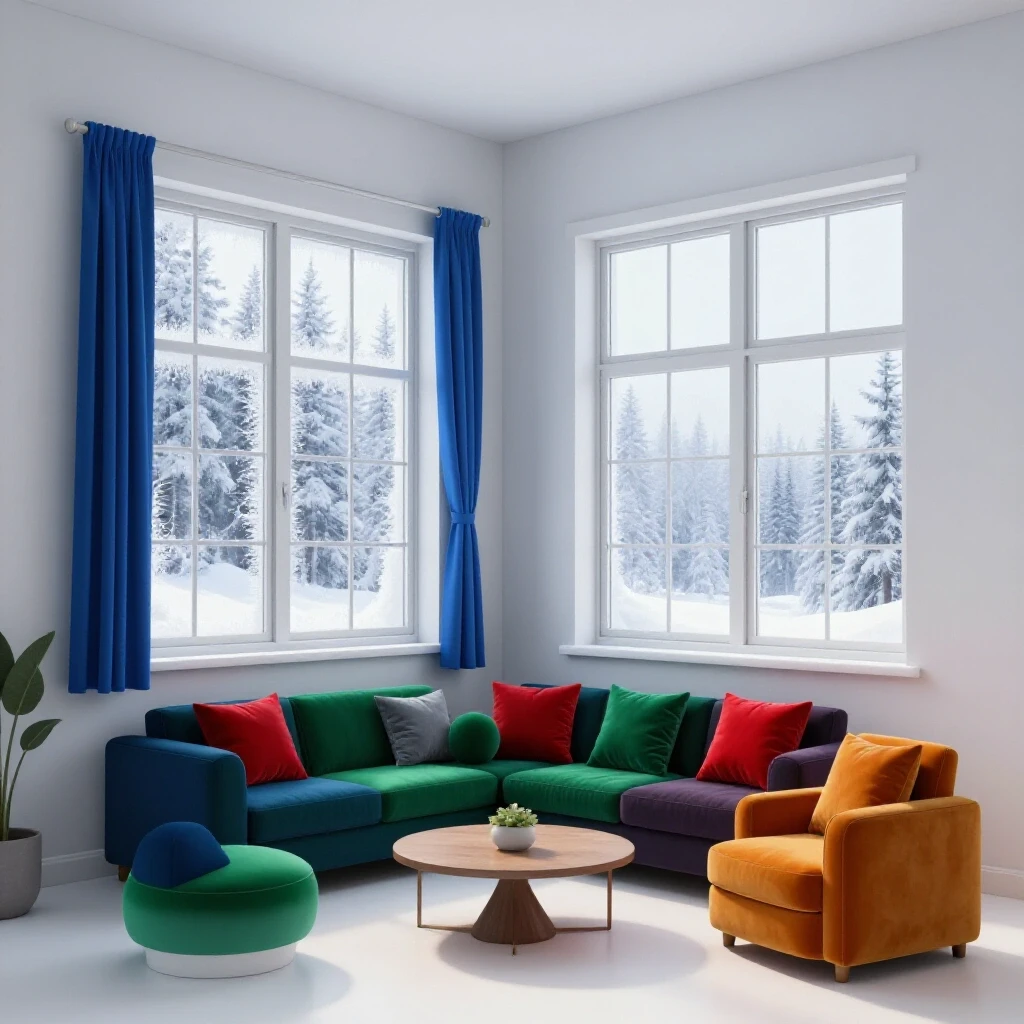 A living room showcasing a winter view with snow-covered windows on one side and clear upgraded storm windows on the other, emphasizing comfort and performance.