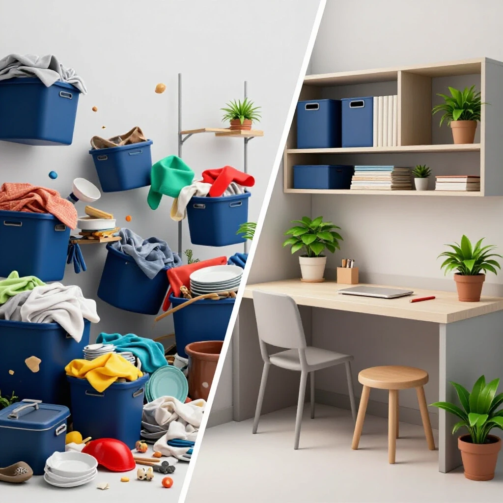 A visually striking scene splitting chaotic household chores and an organized home space, representing efficient organization tips.
