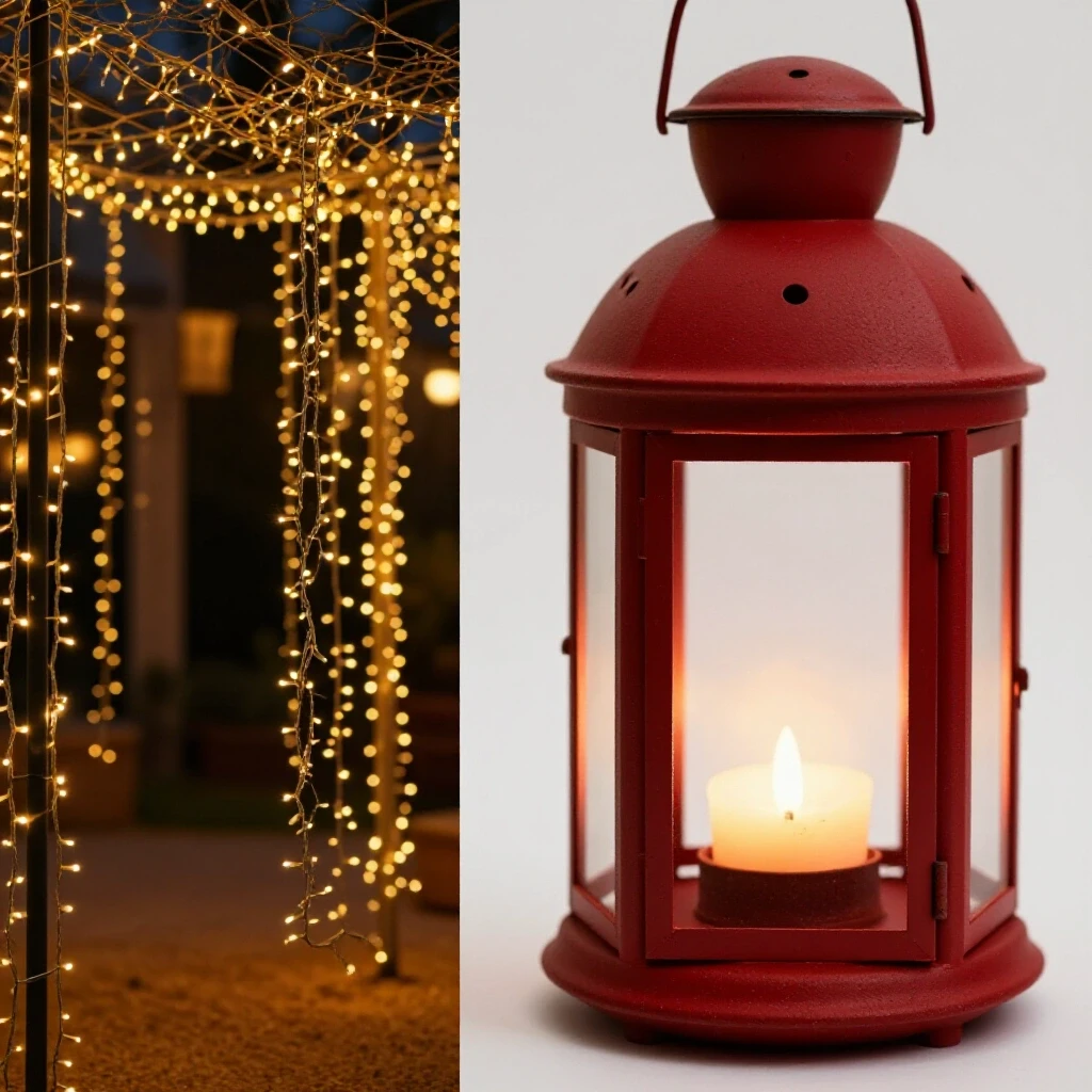 Split image comparing warm string lights in a cozy outdoor setting with an elegant lantern in a rustic environment, showcasing light contrasts.