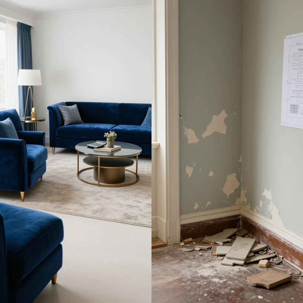 A split-image showing a renovated room with rich blue accents next to a distressed room corner, highlighting home repair costs.