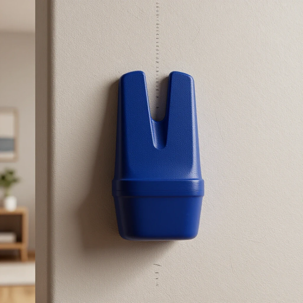 Close-up of a stud finder against a textured wall with pencil marks, evoking real home use.