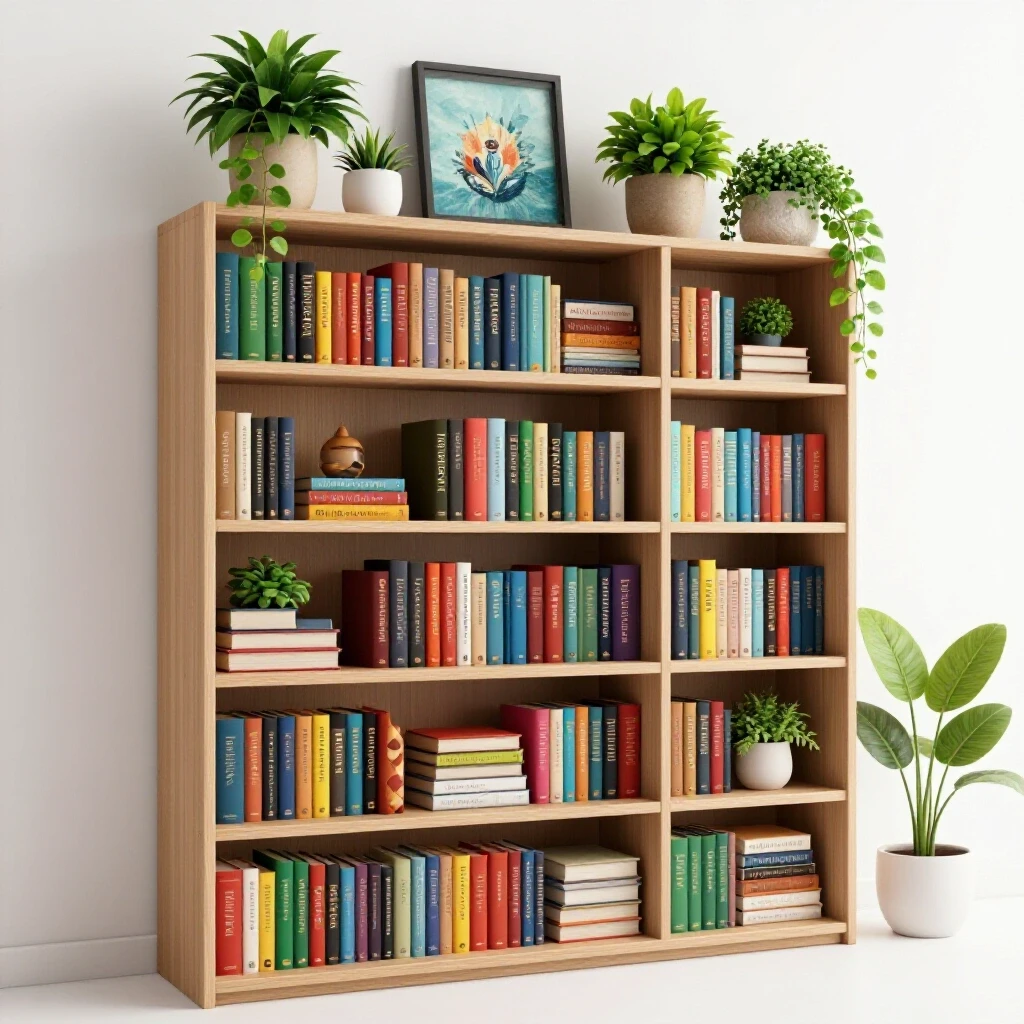 Colorful styled bookshelf with vibrant books and DIY decor against a bright white background, showcasing budget-friendly design.