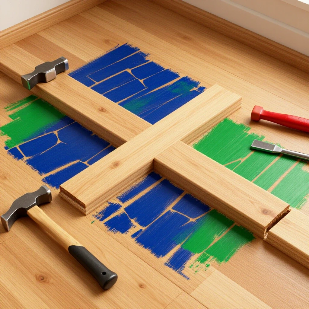 3D-rendered image of a cross-section of a wooden floor showing rot damage and repair tools, highlighting restoration.
