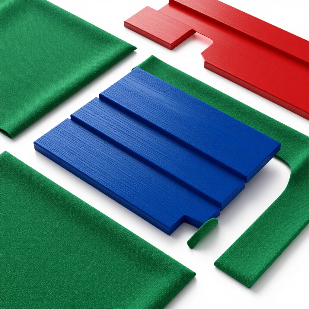 An arrangement of vibrant renovation materials including blue wood, green fabric, and red metal against a bright background.