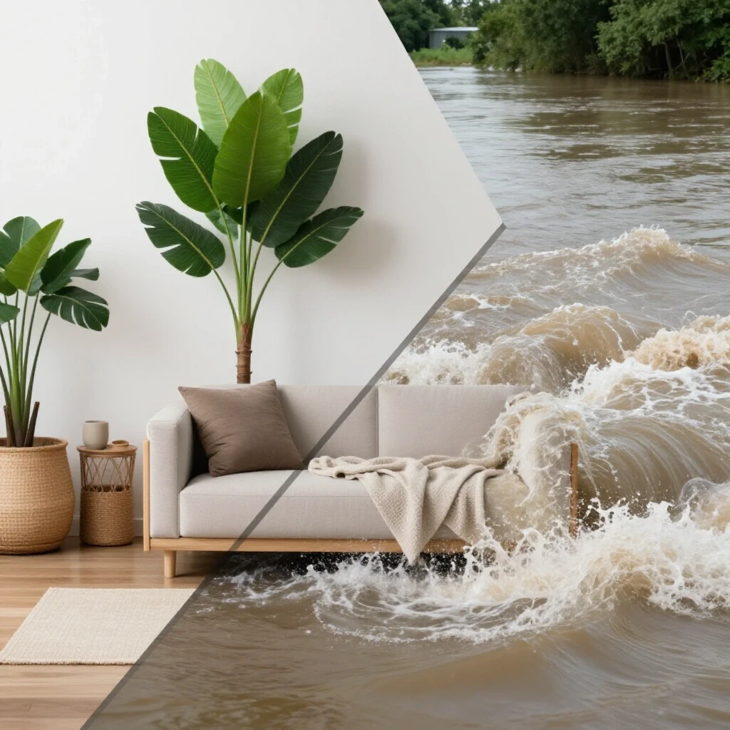 A split scene showing a calm home interior with decor and greenery on one side, and a chaotic flood scene on the other side, contrasting safety with danger.