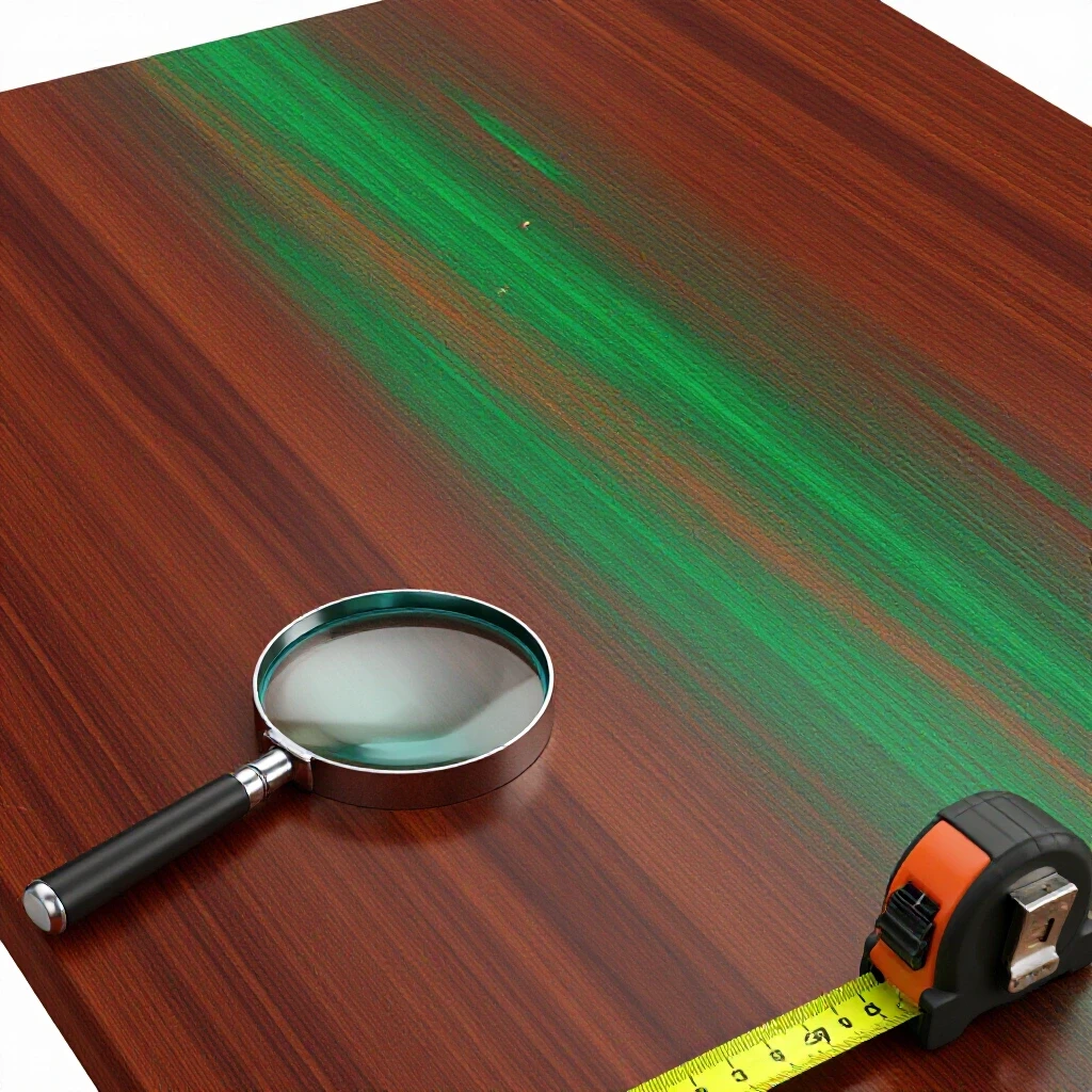 3D-rendered image showing a pristine wooden surface next to a damaged one, with a magnifying glass and tape measure.