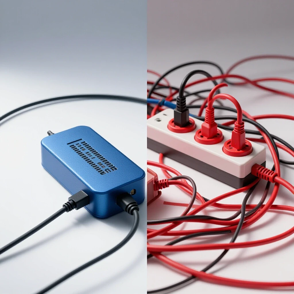 A modern surge protector in blue contrasts with a messy red tangle of cords and an outdated power strip, illustrating safety differences.