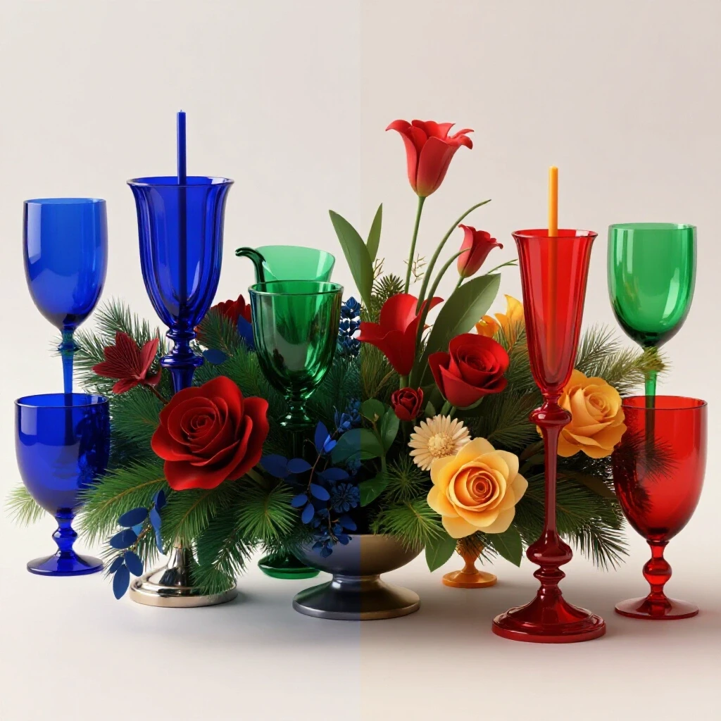 A visually striking table centerpiece comparison: a luxury design juxtaposed with a budget-friendly version, showcasing rich colors and textures.