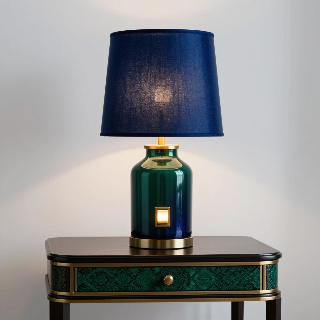 A modern table lamp with a glowing switch on a stylish side table, showcasing illumination and rich colors.