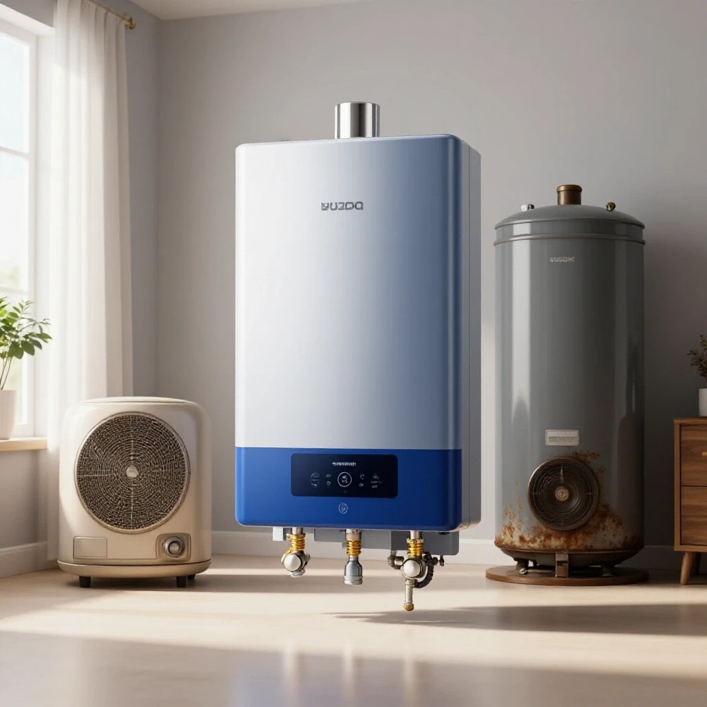 Modern tankless water heater contrasted with an old traditional water heater in a warm home interior.