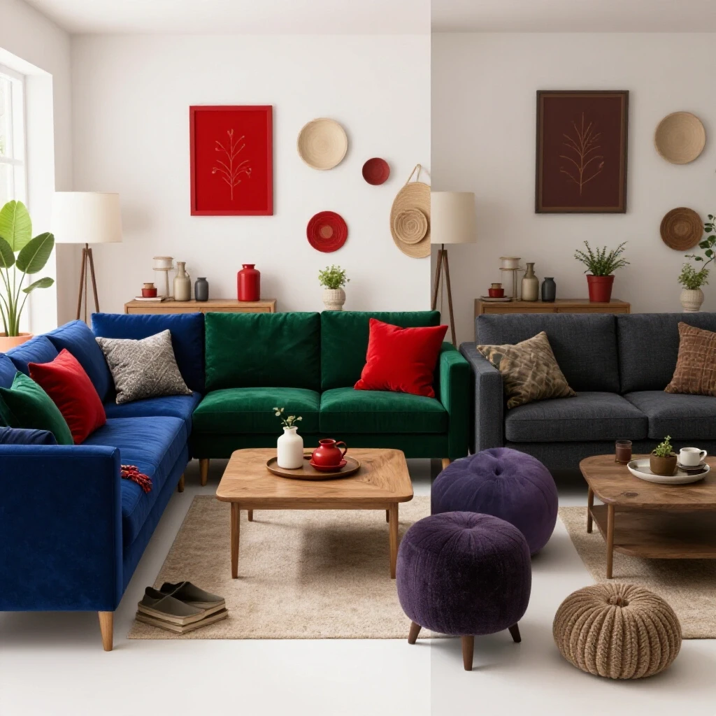 A split image showing a beautifully styled living room with Target home finds on one side and close-up wear and tear of the same items on the other, highlighting durability.