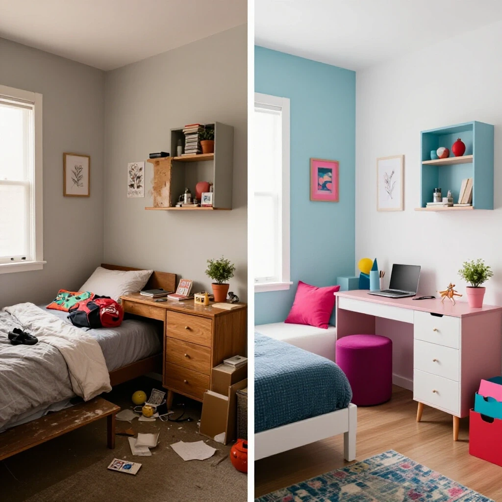 Split image of a cluttered outdated teen bedroom versus a vibrant modern remodel showcasing a stark transformation.