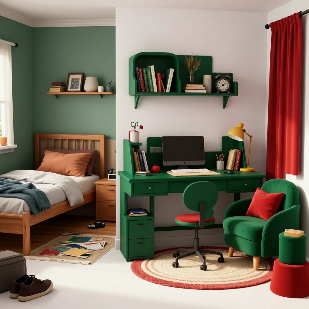 A visually striking split-screen image showcasing a cluttered outdated teen room versus a vibrant renovated teen room with stylish furniture.