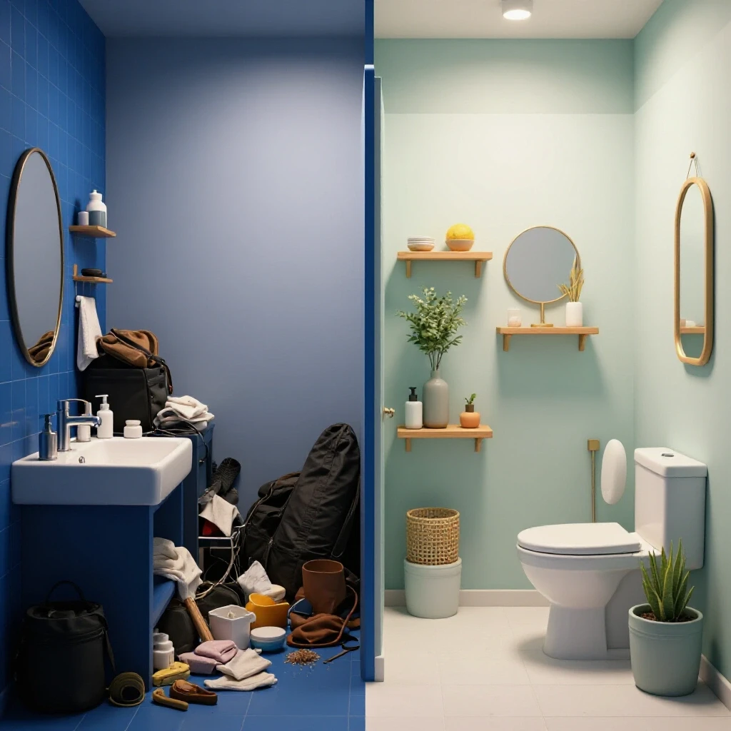 A split image of a chaotic bathroom setup on one side and an organized temporary bathroom on the other, highlighting effective storage solutions.