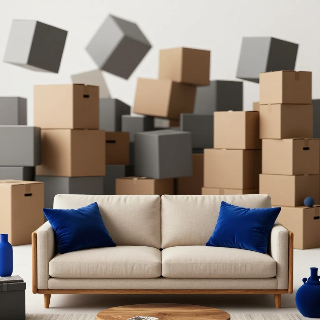 Cozy living space with warm colors contrasted by chaotic moving boxes in dull shades, illustrating transition during relocation.