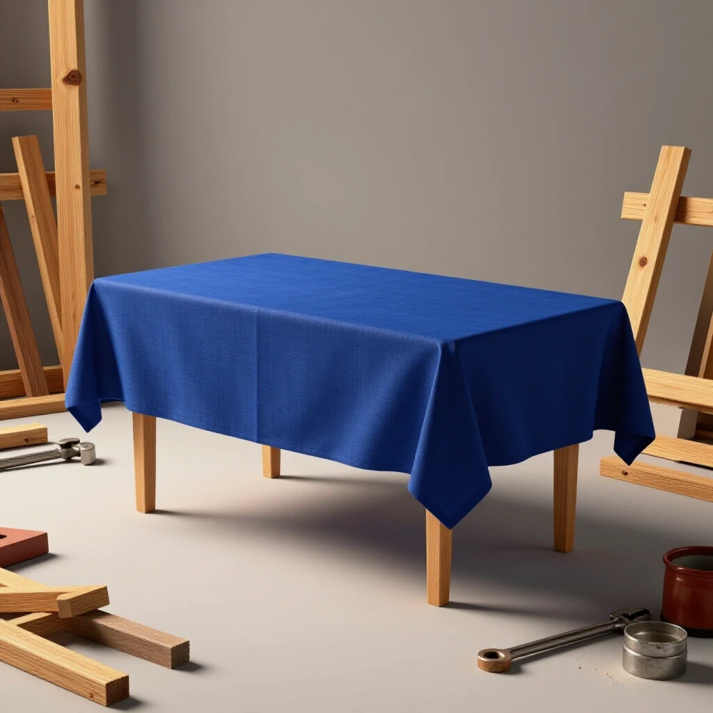 A cozy temporary kitchen setup with a stylish table amid renovation chaos, featuring construction materials in the background.